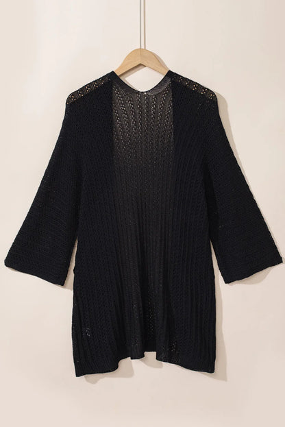 Black Hollow-out Knit Kimono Lightweight Cardigan - Chic Meadow Boutique 