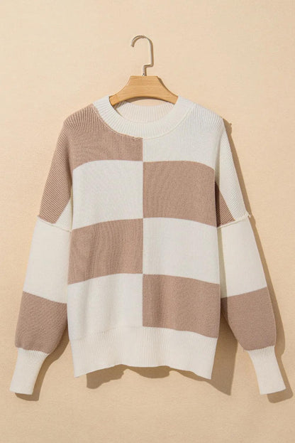 Sweaters & Cardigans/Sweaters Khaki Checkered Side Slits Drop Shoulder Oversized Sweater