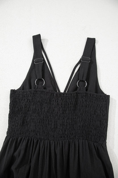 Black Front Cut Out Smocked Back Sleeveless Wide Leg Jumpsuit