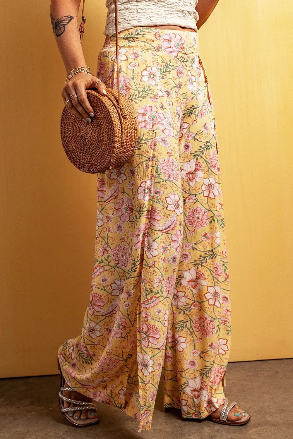 Yellow Floral Print High Slit Wide Leg Pants - Chic Meadow Boutique 