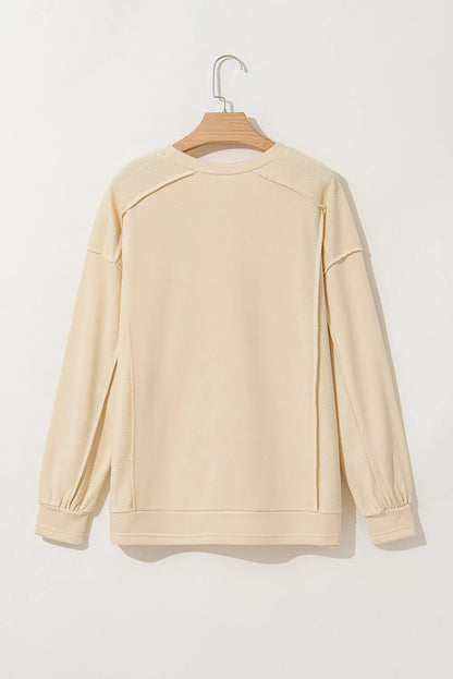 Beige Splicing Round Neck Pullover Sweatshirt - Chic Meadow Boutique 