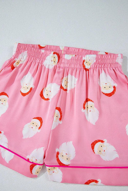 Loungewear & Sleepwear/Sleepwear Pink Christmas Santa Claus Print Satin Shirt and Shorts Set