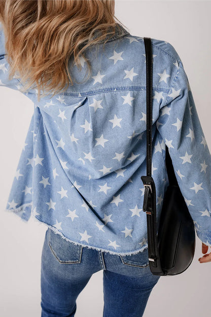 Sky Blue Star Print Light Wash Raw Hem Denim Jacket - Chic Meadow Boutique 