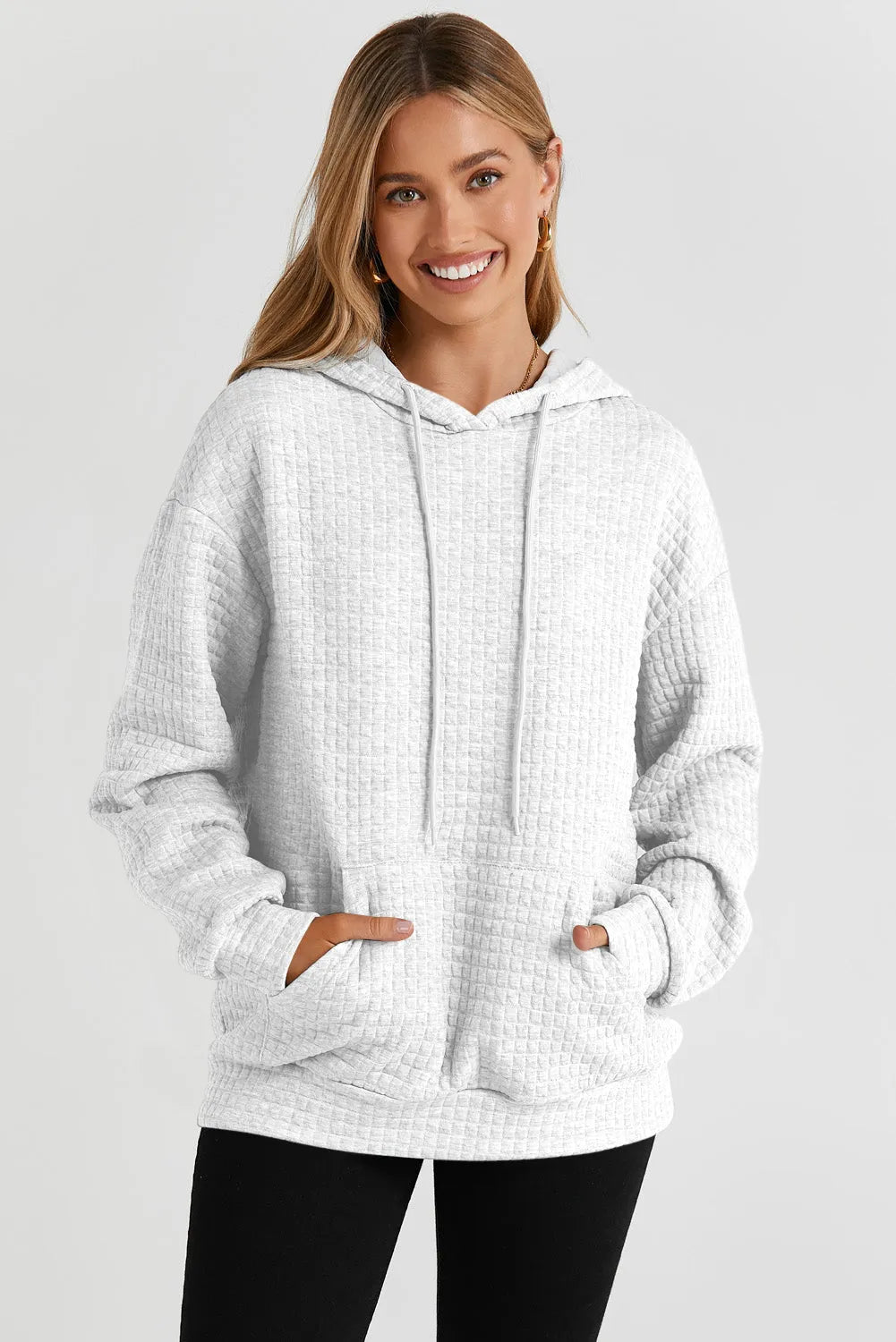 White Quilted Kangaroo Pocket Drawstring Hoodie - Chic Meadow Boutique 