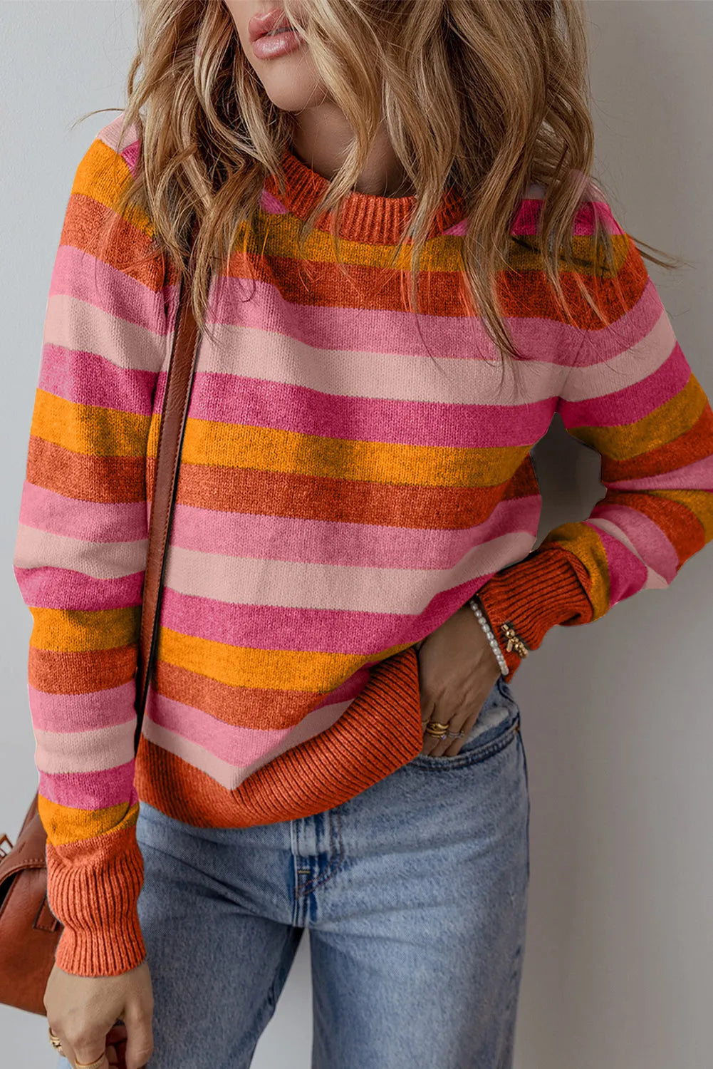 Orange Color Block Ribbed Edge Round Neck Sweater - Chic Meadow Boutique 