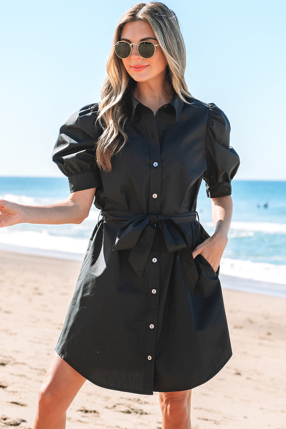 Black Button Up Tie Waist Puff Sleeve Mini Dress