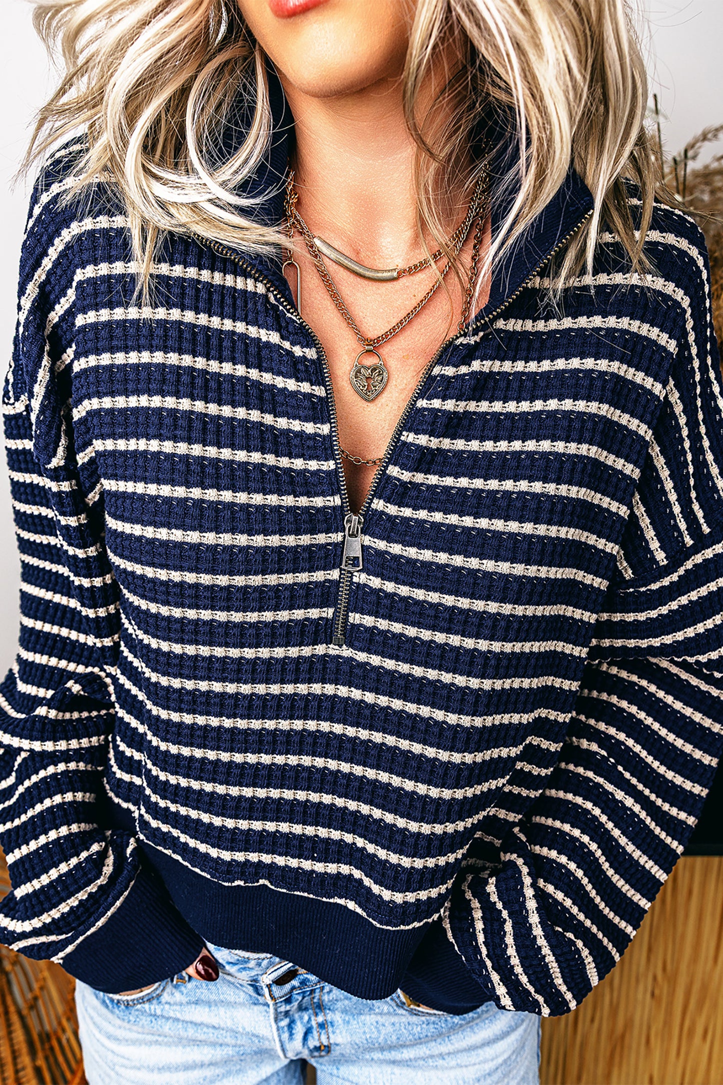 Blue Stripe Textured Knit Half Zip Collared Long Sleeve Top