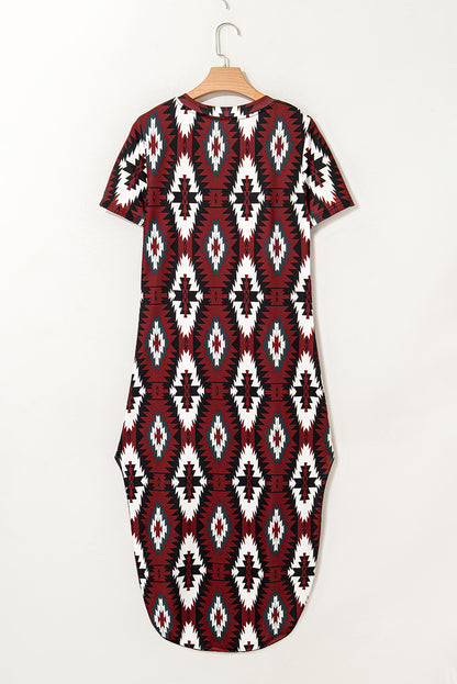Red Western Aztec Printed Long T-shirt Dress