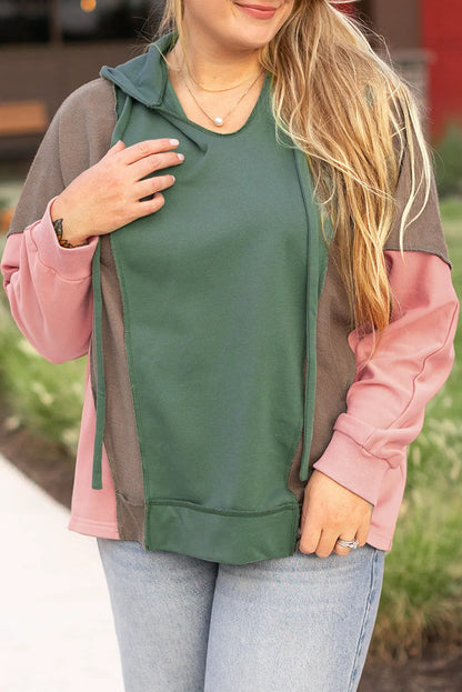 Breen Plus Size Colorblock Patchwork V Neck Hoodie - Chic Meadow Boutique 