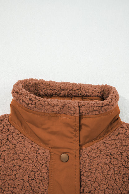 Cinnamon Faux Fur Snap Button Front Knot Side Plush Vest with Pockets