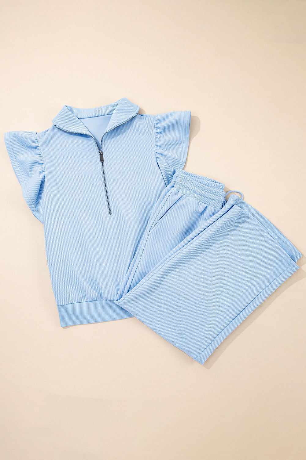 Beau Blue Textured Ruffled Sleeve Zipped Top and Wide Leg Pants Set