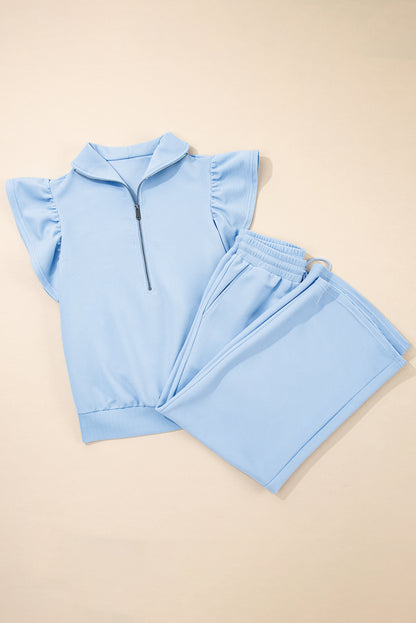 Beau Blue Textured Ruffled Sleeve Zipped Top and Wide Leg Pants Set