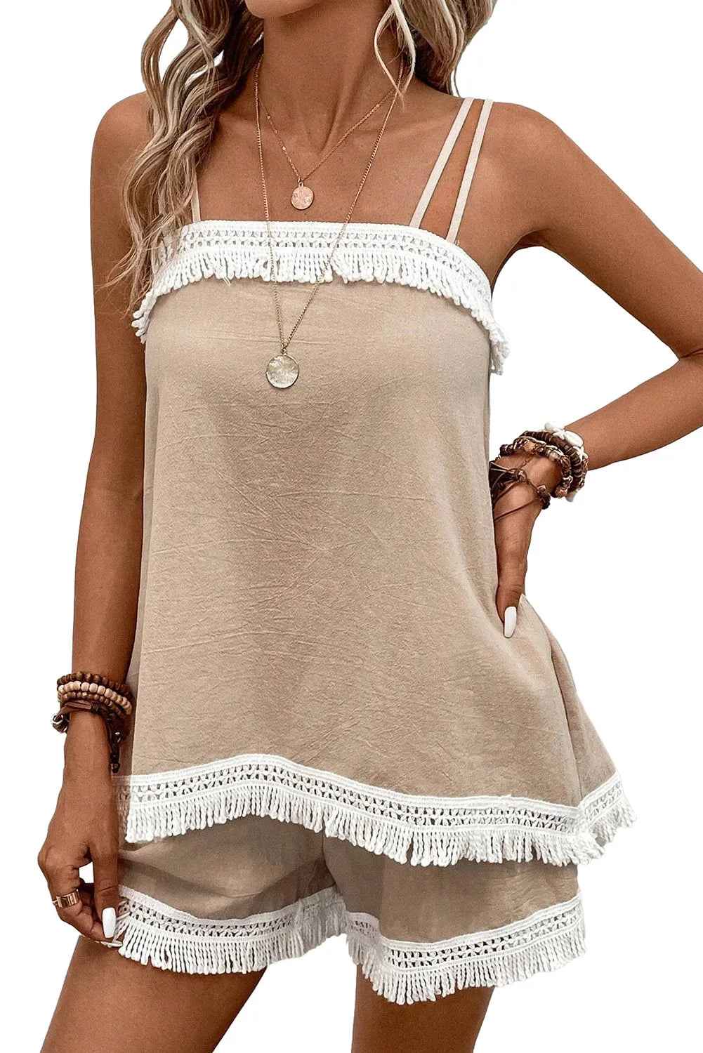 Pale Khaki Fringe Crochet Double Strap Tank Top and Shorts Set - Chic Meadow Boutique 