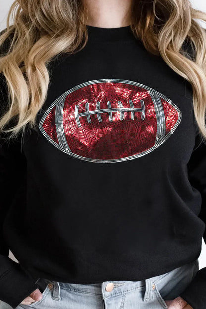 Black Rhinestone Rugby Football Pattern Crew Neck Pullover Sweatshirt - Chic Meadow Boutique 