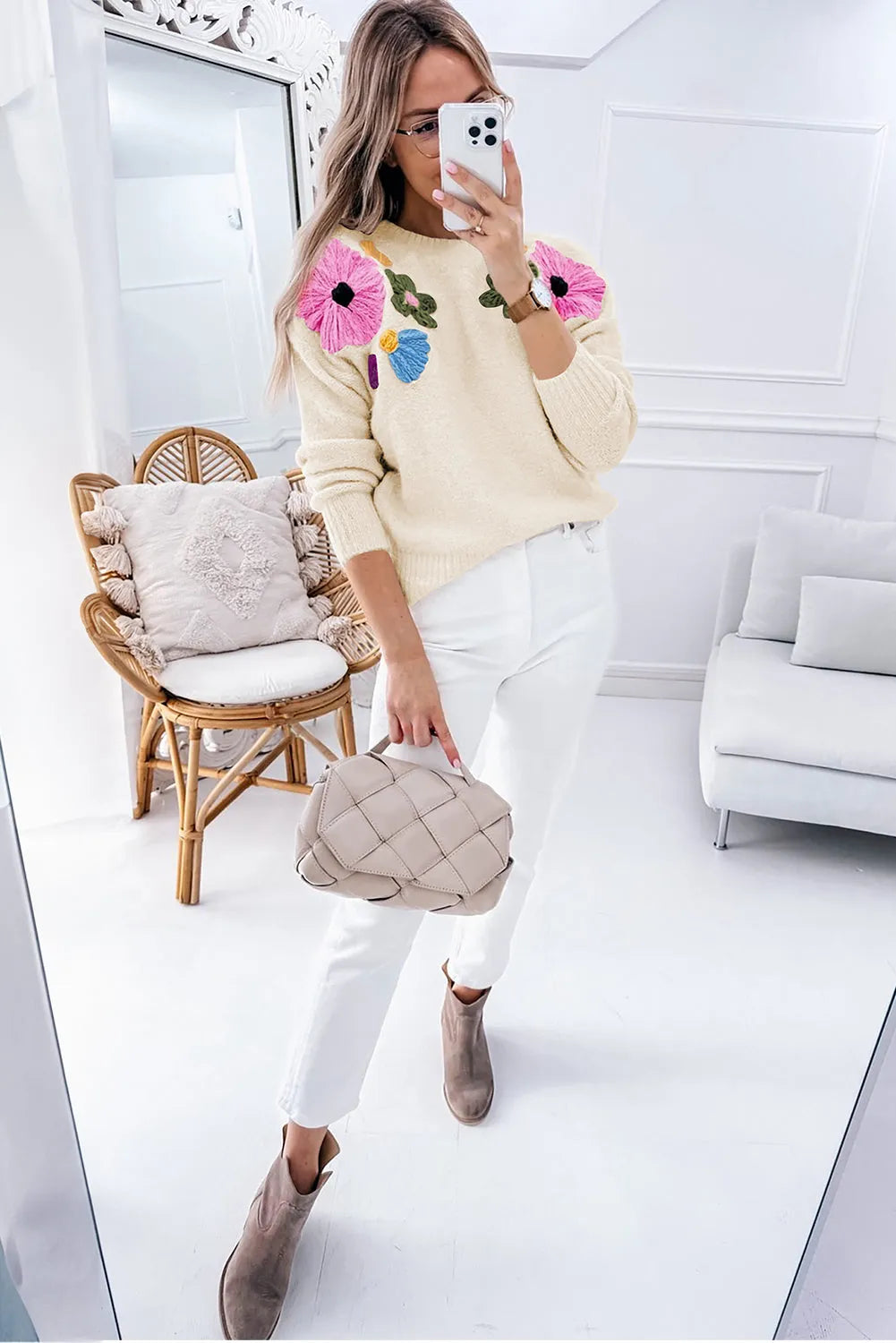 Beige Knitted Flower Pattern Ribbed Edge Sweater - Chic Meadow Boutique 