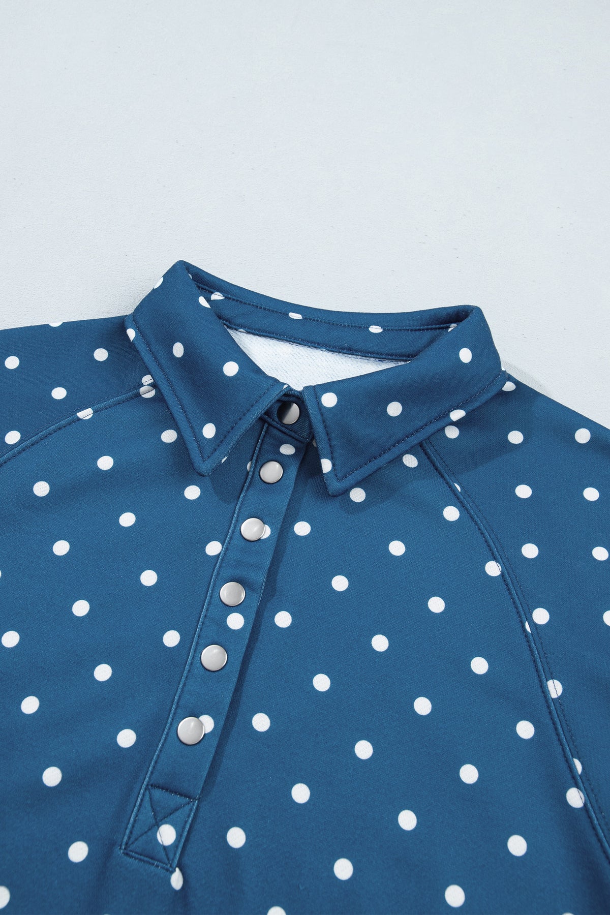 Blue Polka Dot Print Metal Button Collar Casual Pullover Sweatshirt