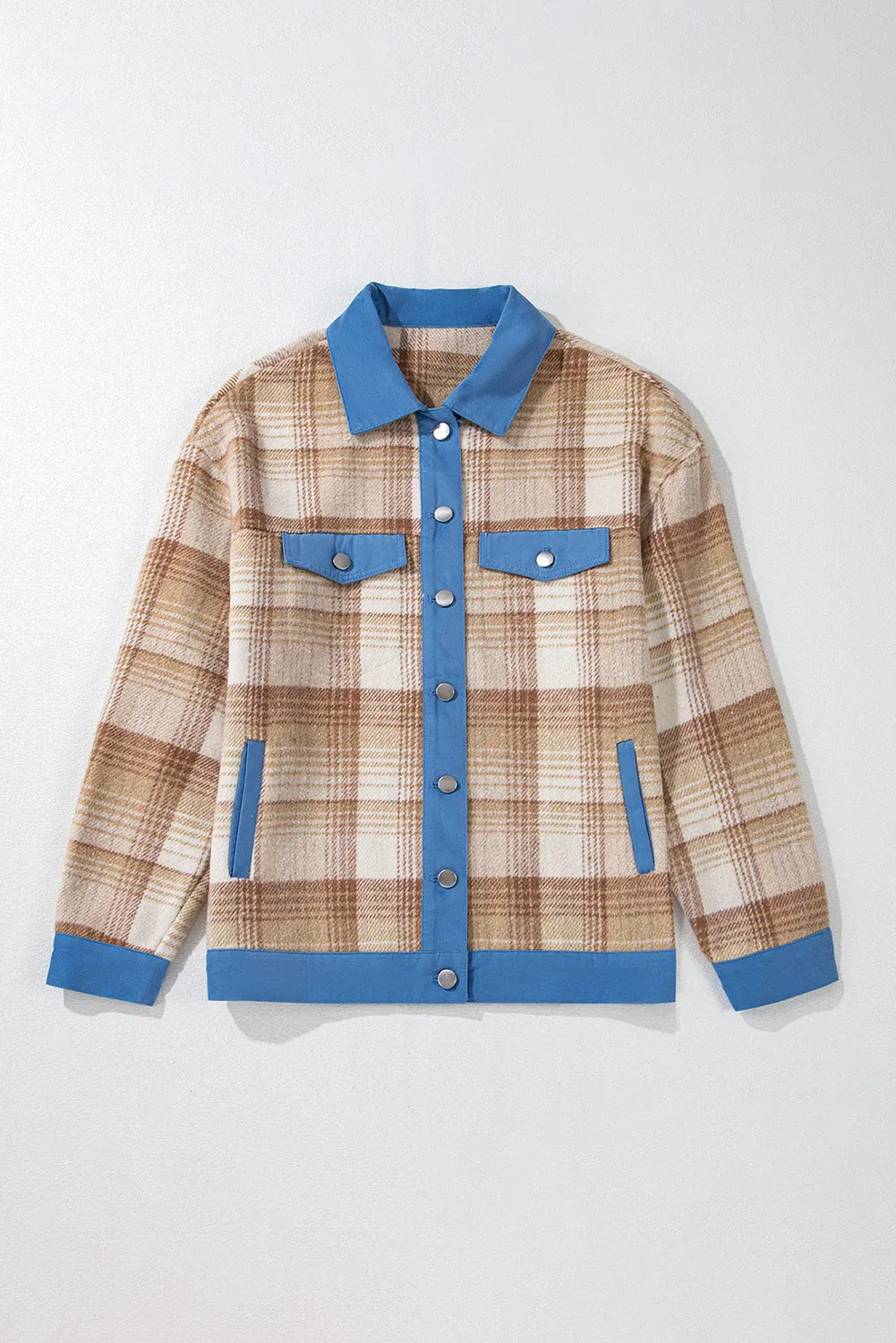 Light French Beige Plaid Patchwork Flap Detail Button Up Shacket - Chic Meadow Boutique 