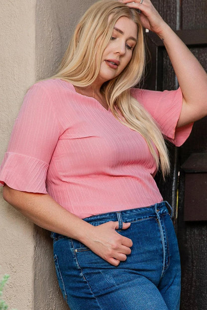 Plus Size/Plus Size Tops/Plus Size Blouses & Shirts Peach Blossom Ruffled Half Sleeve V Neck Textured Plus Top