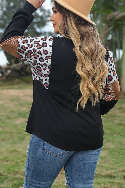 Black Leopard Sequin Patch Plus Size Long Sleeve Top - Chic Meadow Boutique 