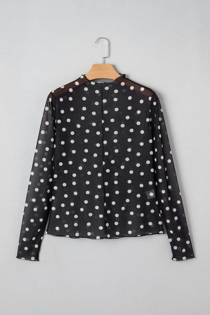 Black Polka Dot Patterned Bodycon Mock Neck Mesh Long Sleeve Top