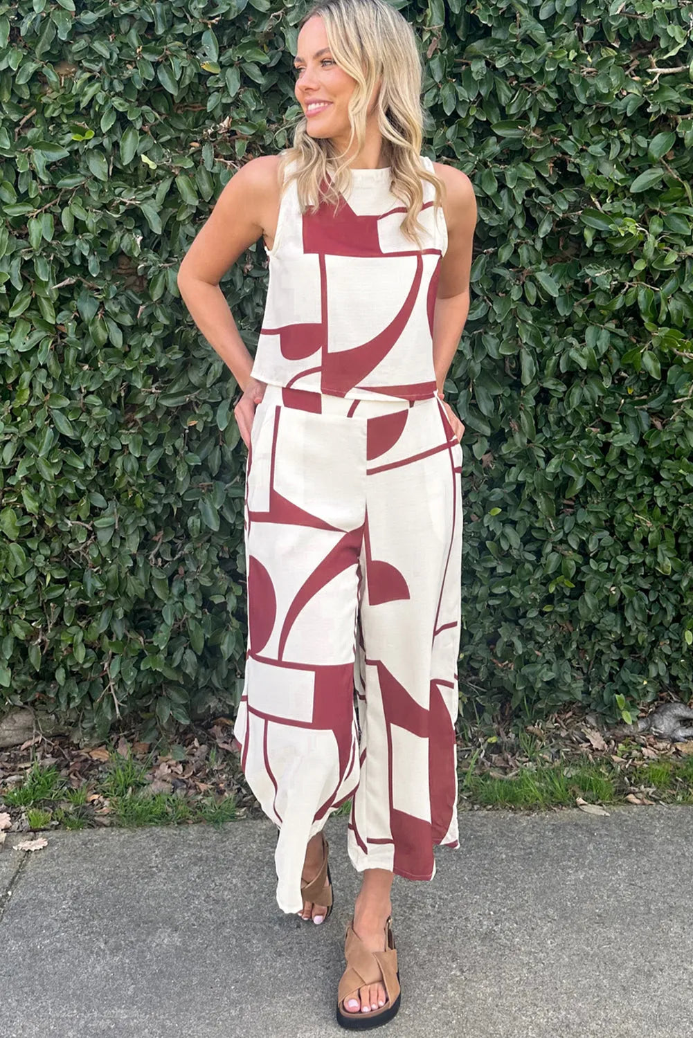 White Abstract Printed Button Back Vest and Wide Leg Pants Set - Chic Meadow Boutique 