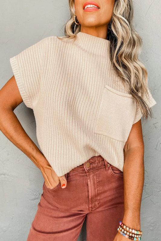 Oatmeal Patch Pocket Ribbed Knit Short Sleeve Sweater - Chic Meadow Boutique 