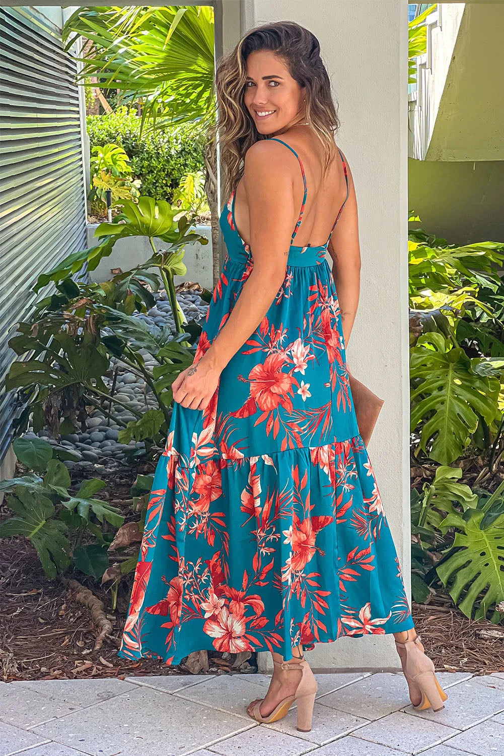 Sky Blue Strappy Open Back Floral Maxi Dress - Chic Meadow Boutique 