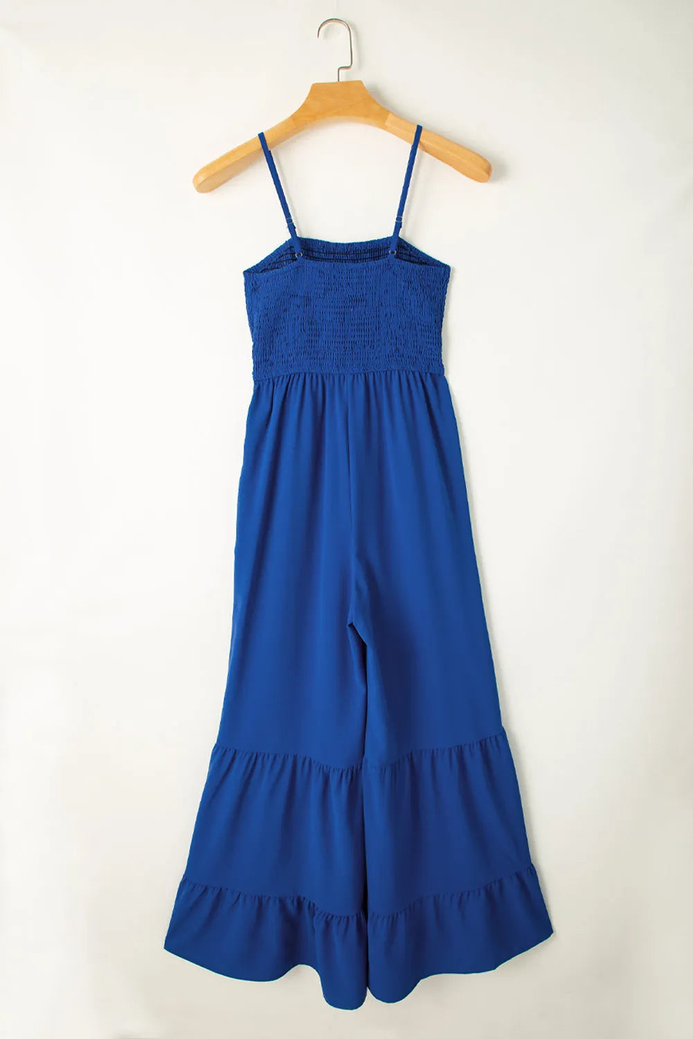 Navy Blue Spaghetti Straps Smocked Ruffled Wide Leg Jumpsuit - Chic Meadow Boutique 