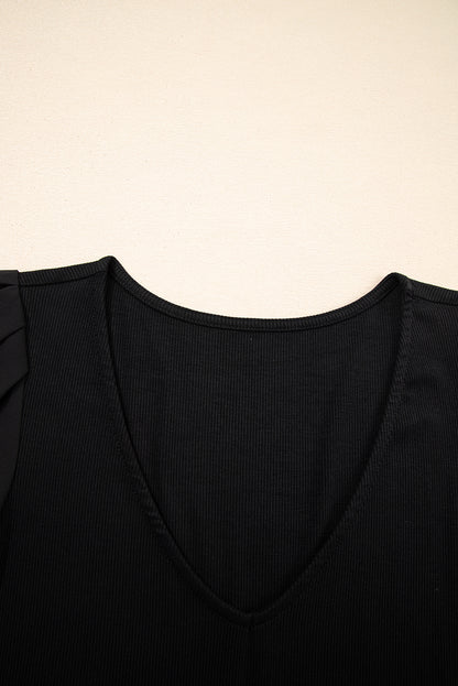 Black Mesh Ruffled Sleeve Slim Fit V Neck Top