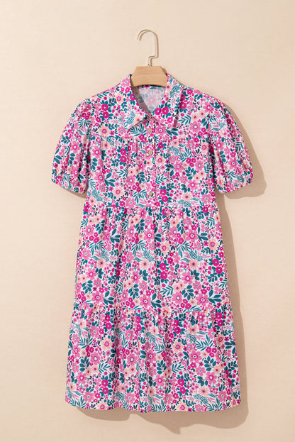 Pink Floral Collared Half Placket Short Sleeve Loose Dress