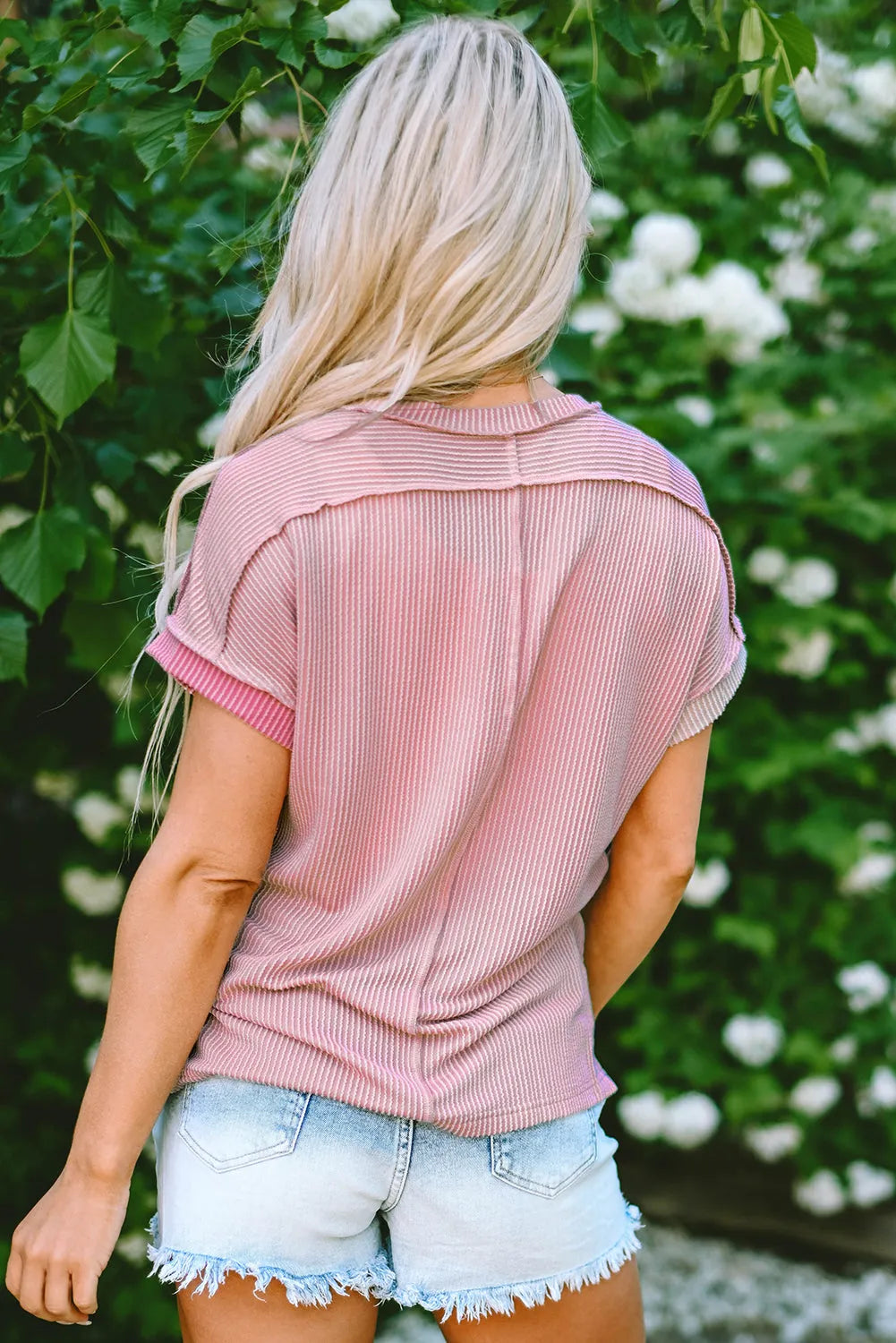 Pink Textured Colorblock Crew Neck T Shirt - Chic Meadow Boutique 