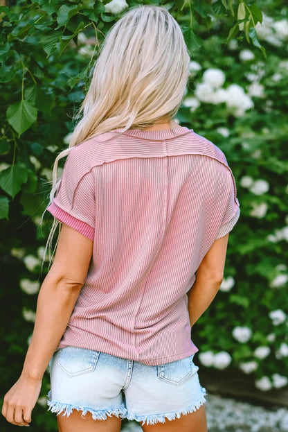 Pink Textured Colorblock Crew Neck T Shirt - Chic Meadow Boutique 