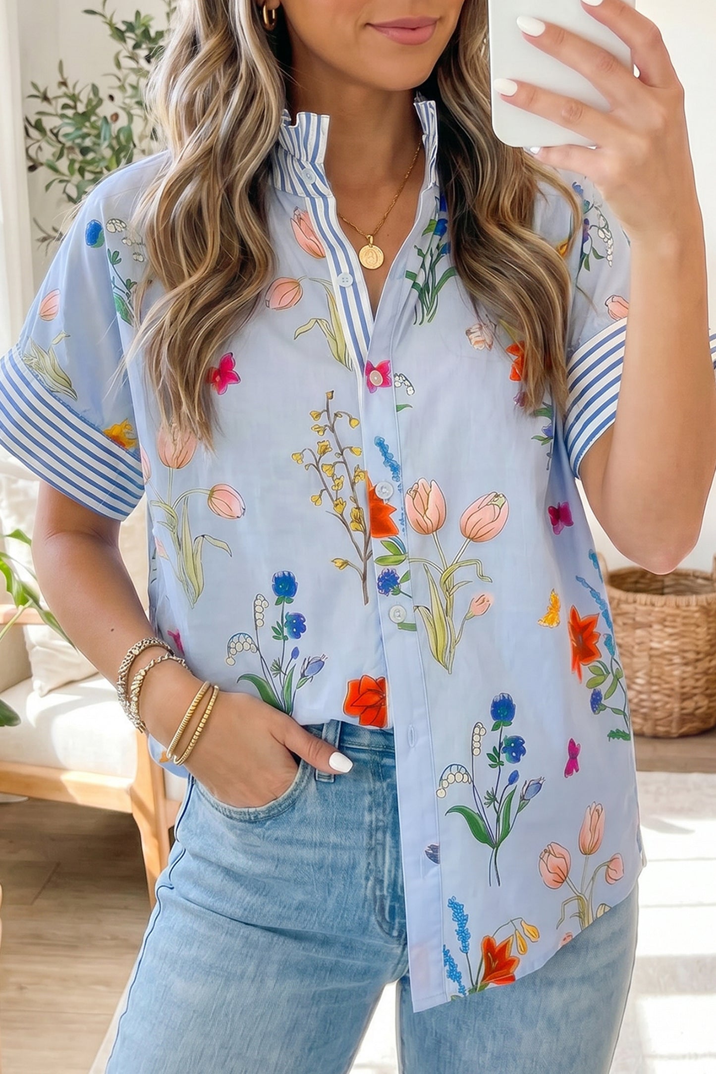 Sky Blue Floral Striped Patchwork Ruffled Collar Short Sleeve Shirt