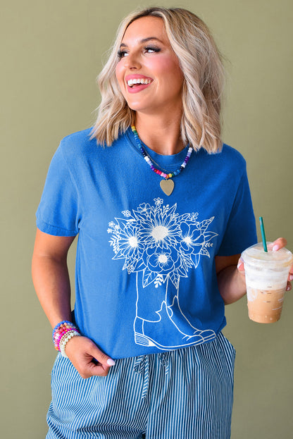 Blue Sunflower Boots Graphic Western Fashion T Shirt