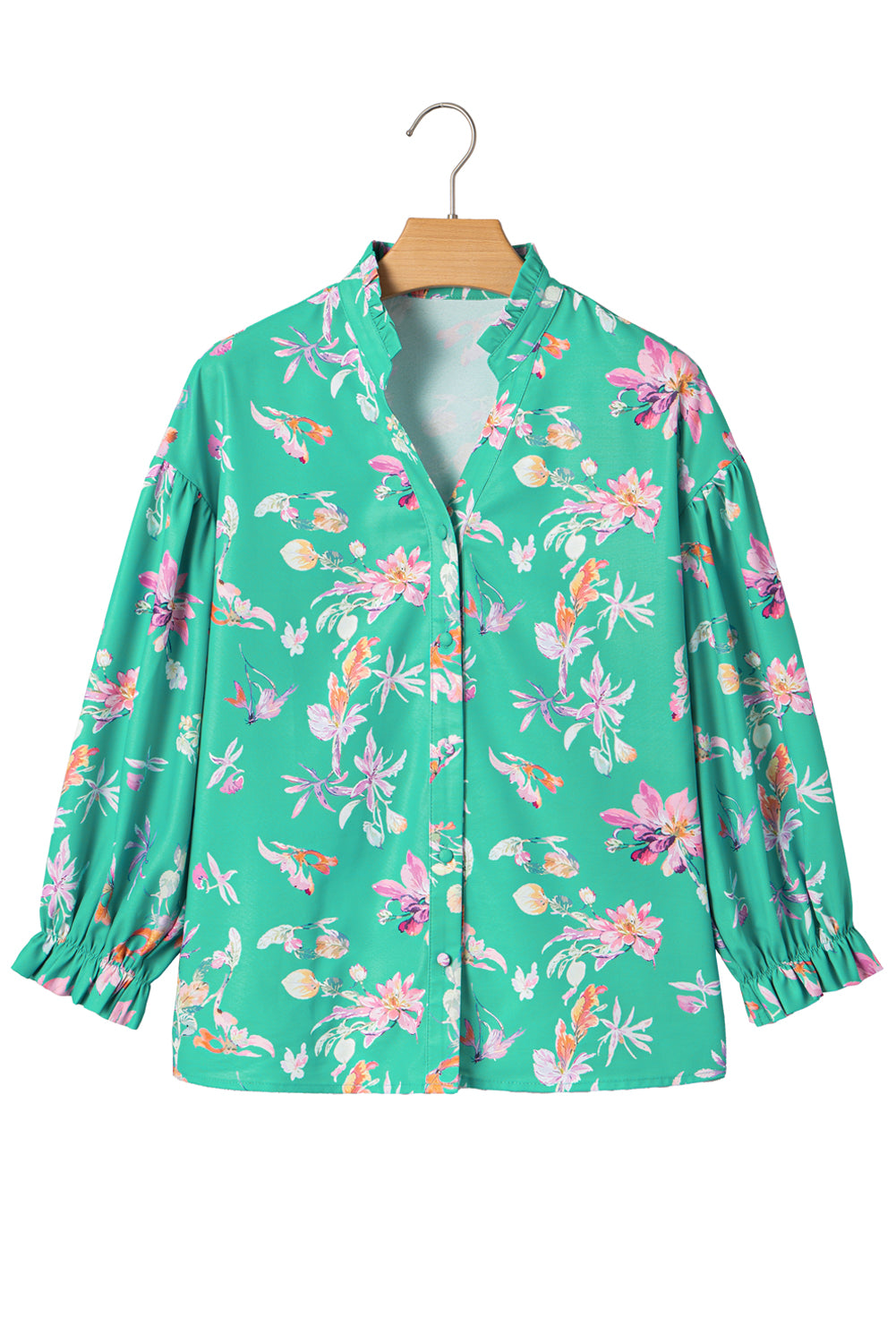 Green Floral Lantern Sleeve Button Front Shirt