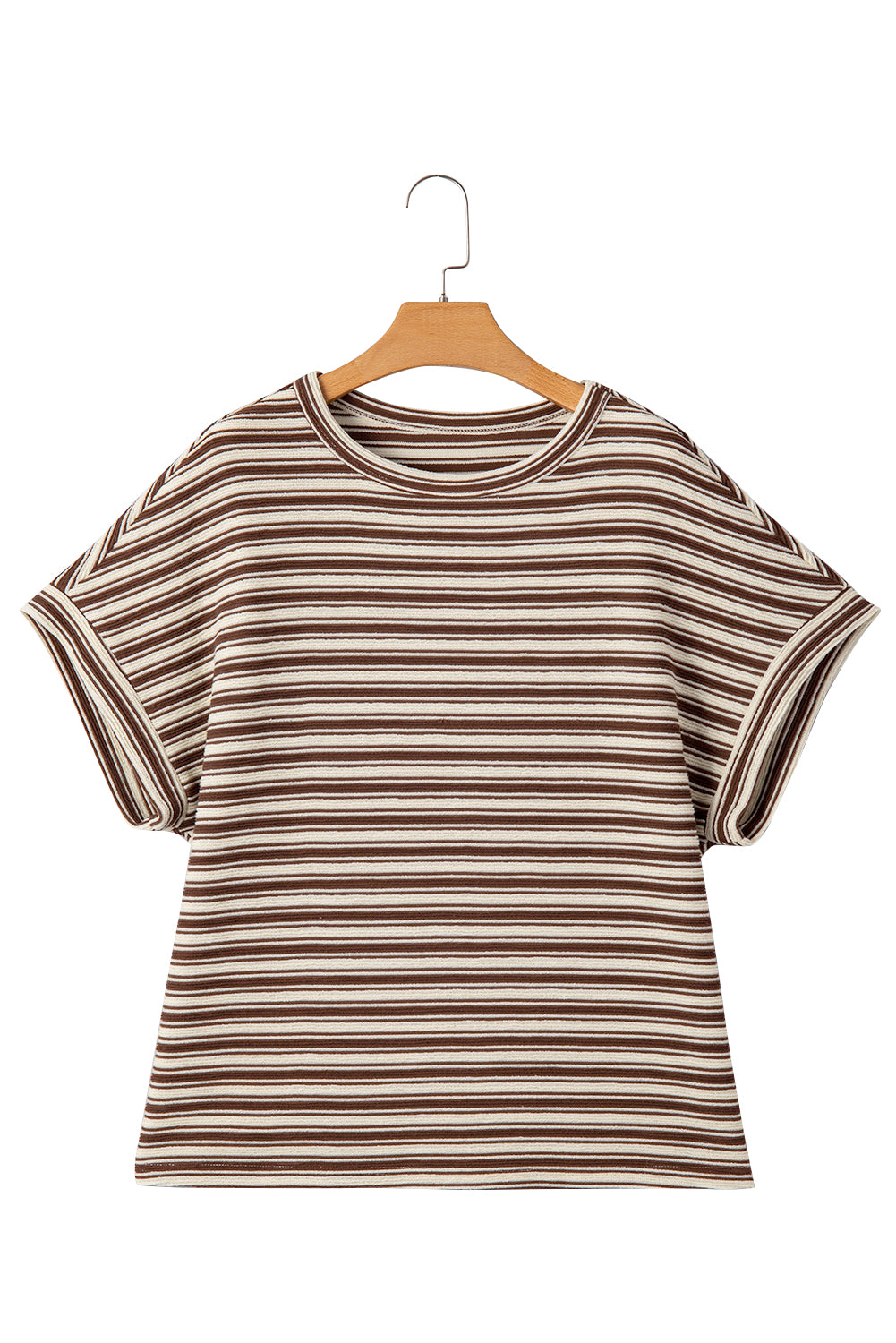 Brown Stripe Textured Side Slits Crew Neck T Shirt