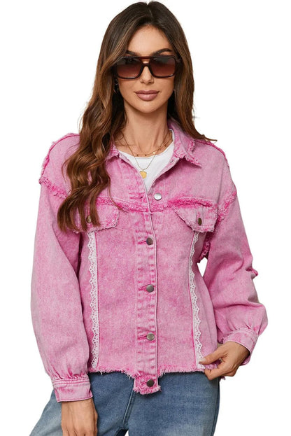 Outerwear/Denim jackets Pink Lace Patchwork Distressed Buttoned Denim Jacket