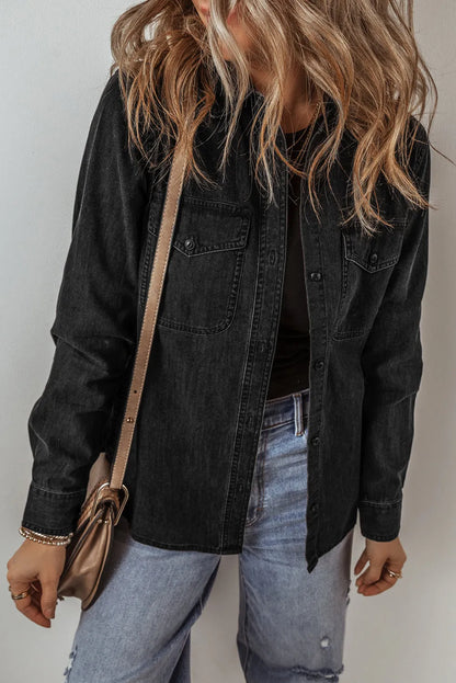 Black Flap Pocket Buttons Collared Jean Jacket - Chic Meadow Boutique 