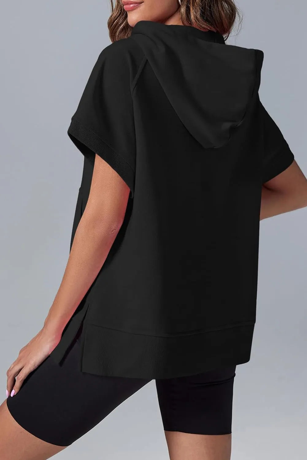 Black Half Zipper Kangaroo Pocket Short Sleeve Hoodie - Chic Meadow Boutique 