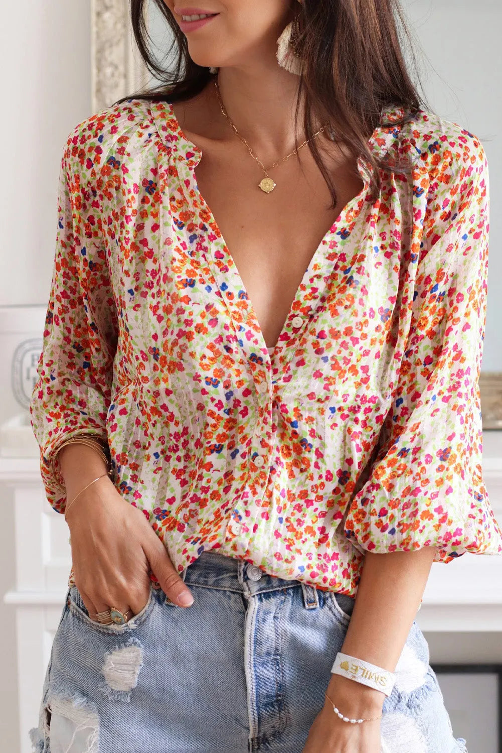 Multicolor Boho Floral Print Button Front Shirt - Chic Meadow Boutique 