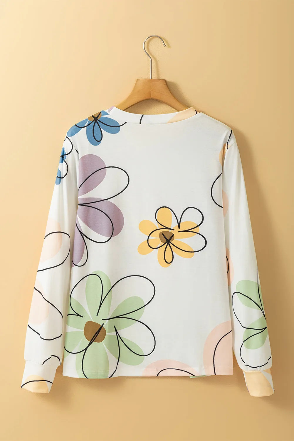 Beige Flower Print Crew Neck Long Sleeve T Shirt - Chic Meadow Boutique 