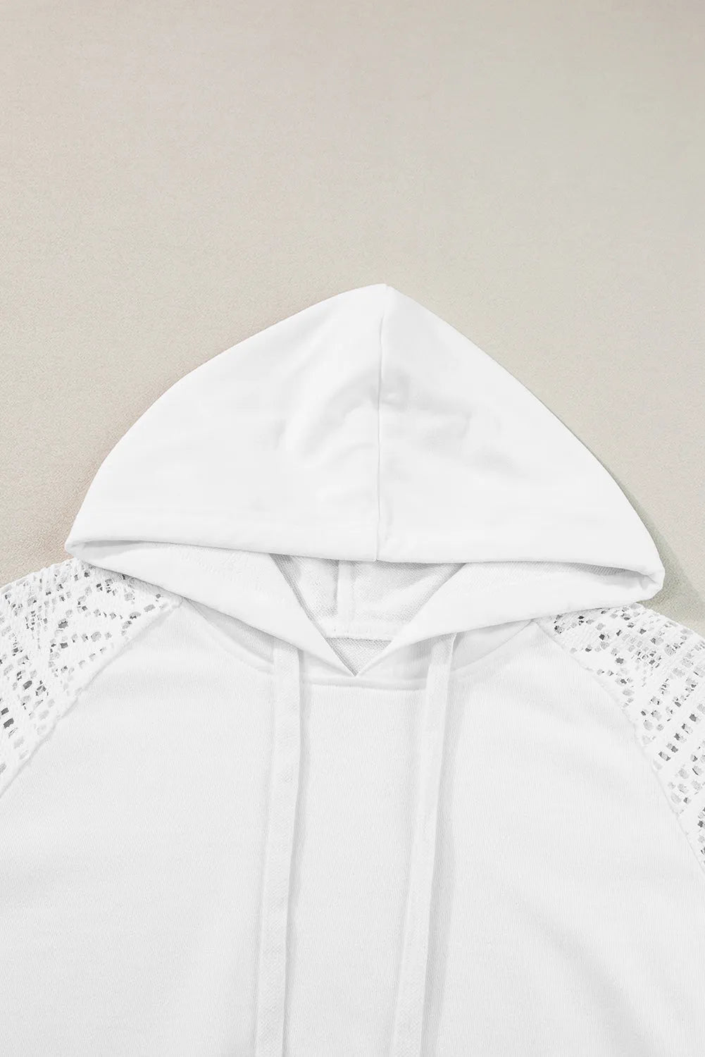 White Lace Patchwork Sleeve Drawstring Hoodie - Chic Meadow Boutique 