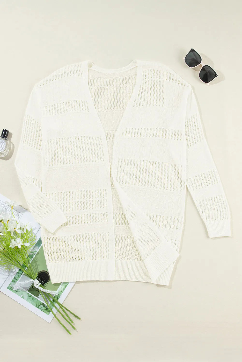 White Solid Color Lightweight Open Knit Tunic Cardigan - Chic Meadow Boutique 