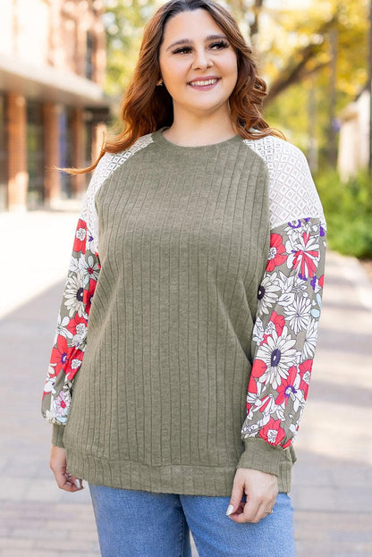 Plus Size/Plus Size Tops/Plus Size Blouses & Shirts Vineyard Green Plus Size Textured Floral Patchwork Raglan Sleeve Blouse