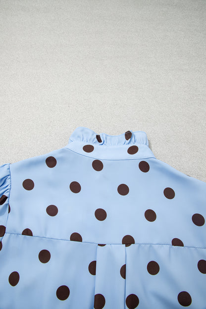 Sky Blue Polka Dot Print Ruffle Stand Neck 3/4 Sleeve Shift Shirt