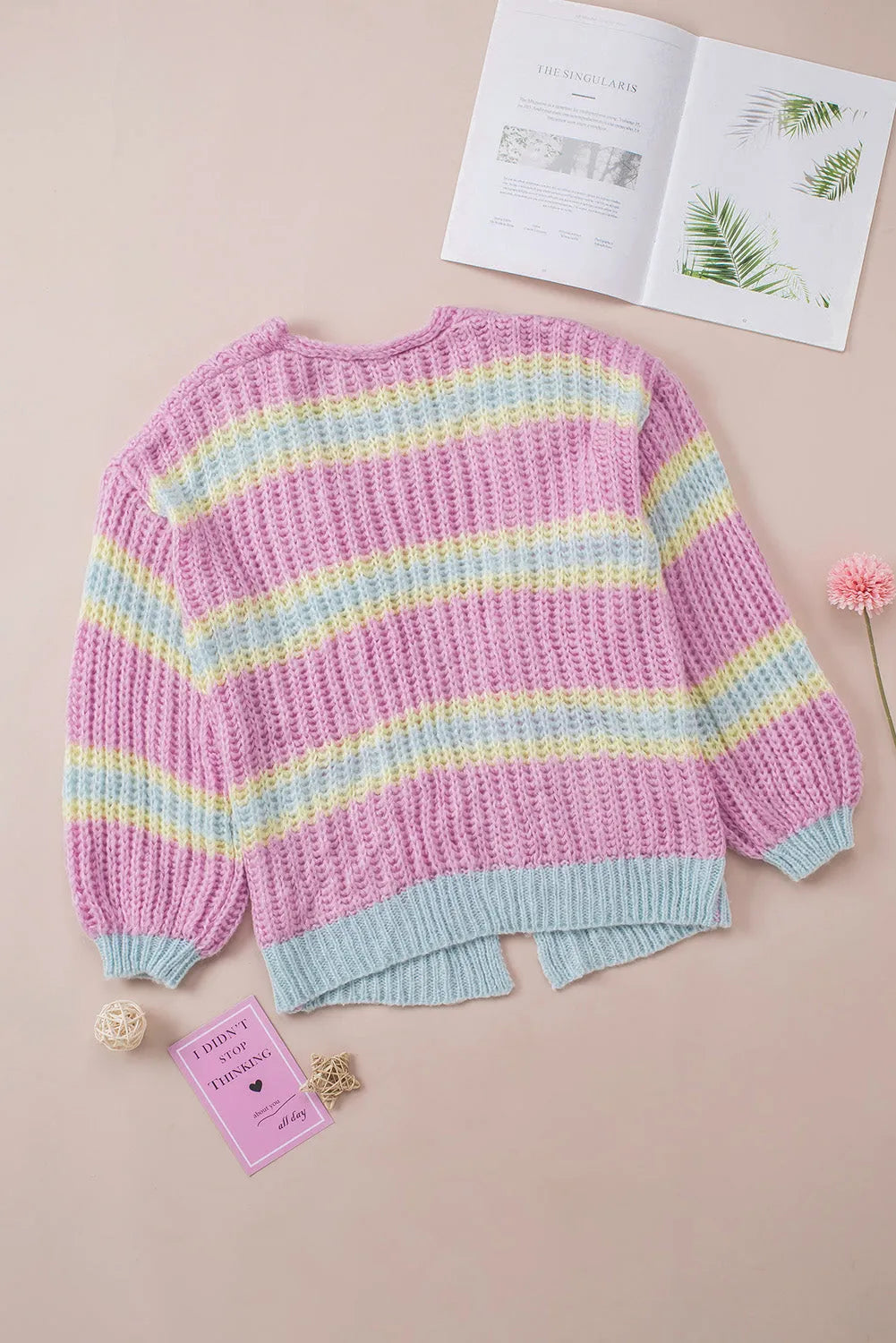 Pink Contrast Striped Open Front Cable Cardigan - Chic Meadow Boutique 