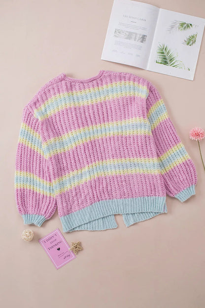 Pink Contrast Striped Open Front Cable Cardigan - Chic Meadow Boutique 