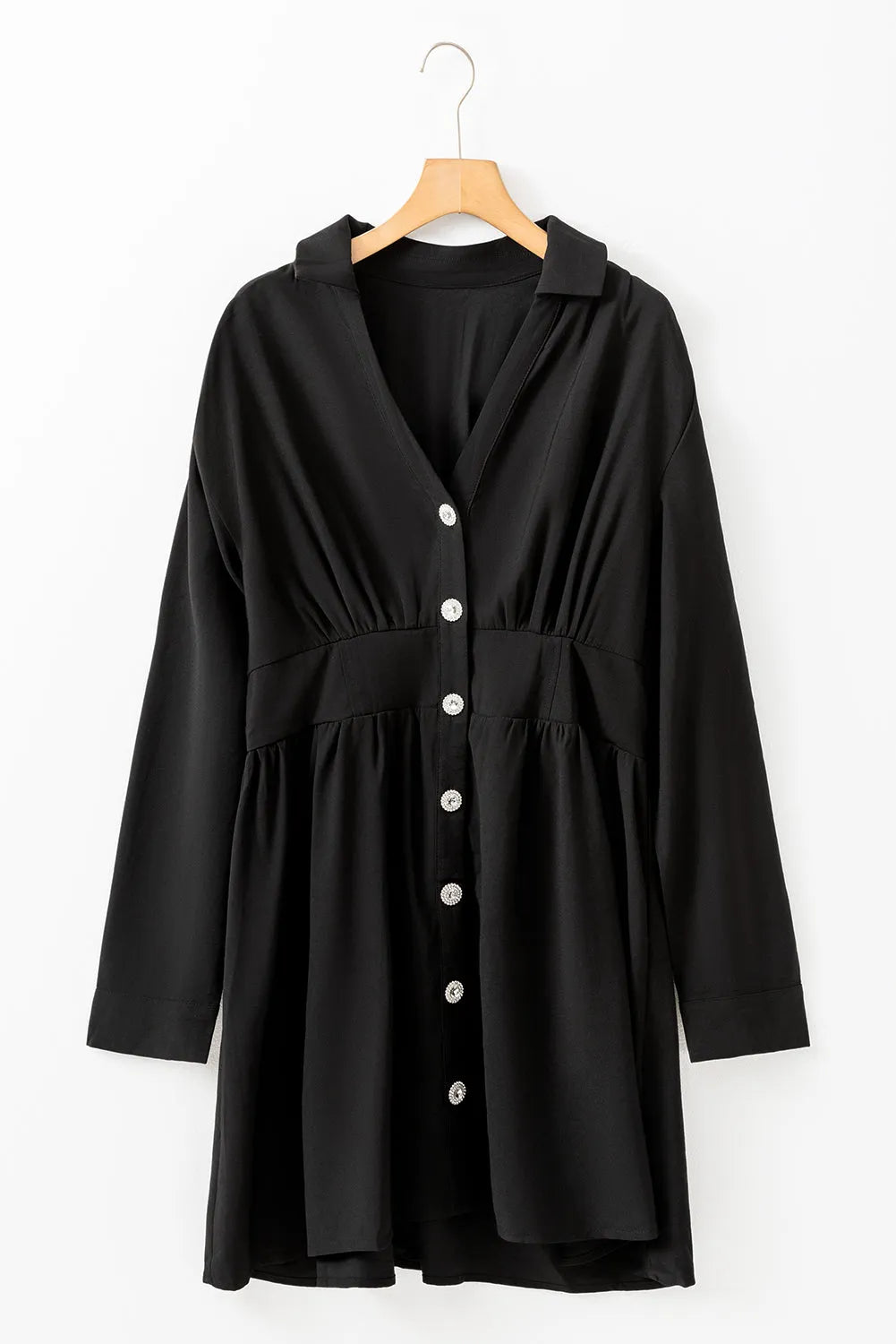 Black Elastic Cinched High Waist Long Sleeve Shirt Mini Dress - Chic Meadow Boutique 