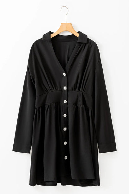 Black Elastic Cinched High Waist Long Sleeve Shirt Mini Dress - Chic Meadow Boutique 