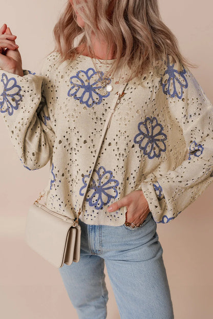 Beige Contrast Flower Print Eyelet Drop Shoulder Sweater - Chic Meadow Boutique 